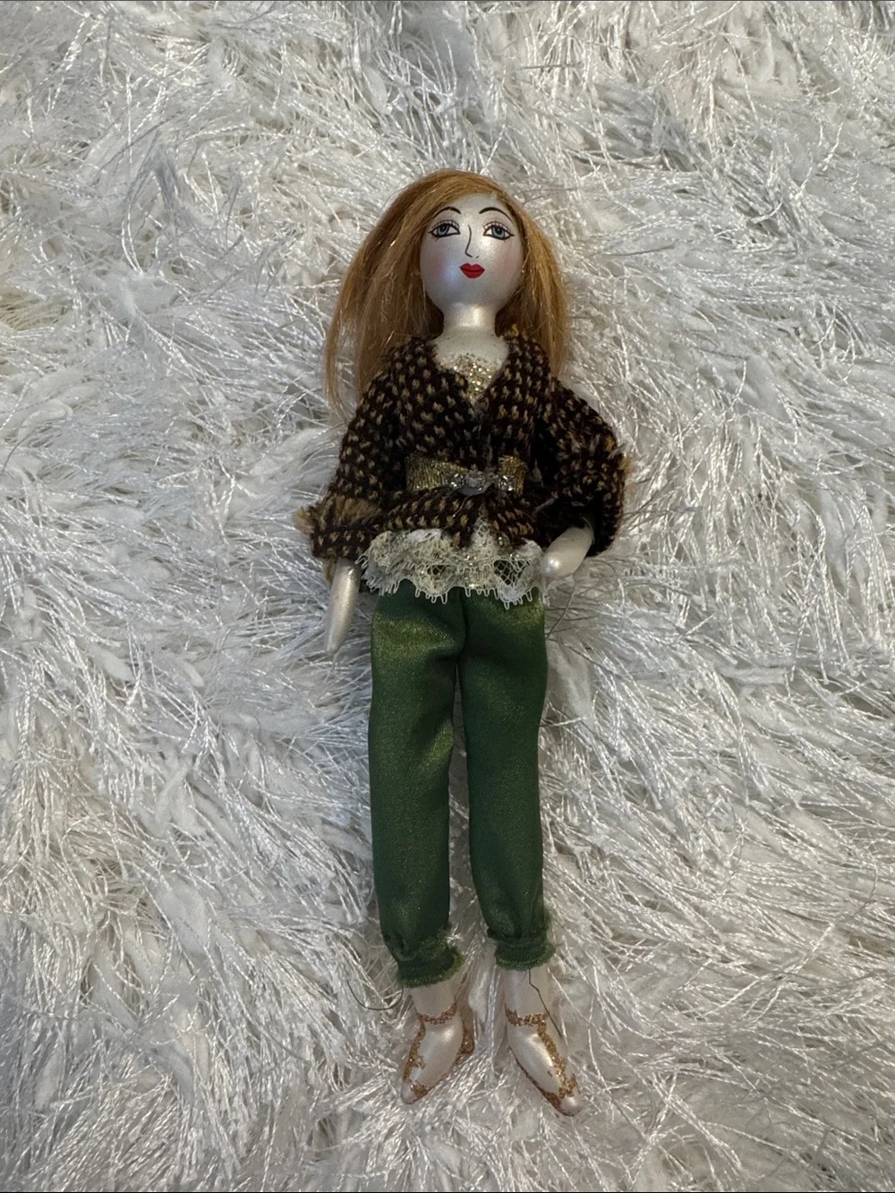 Handcrafted Green Holiday Lady Ornament with Brown Jacket